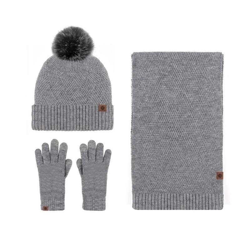 Wool Knitted Warm Gloves Hat Scarf Three-piece Suit Winter Windproof Fur Ball Fleece-lined Knitted Hat Three-piece Suit