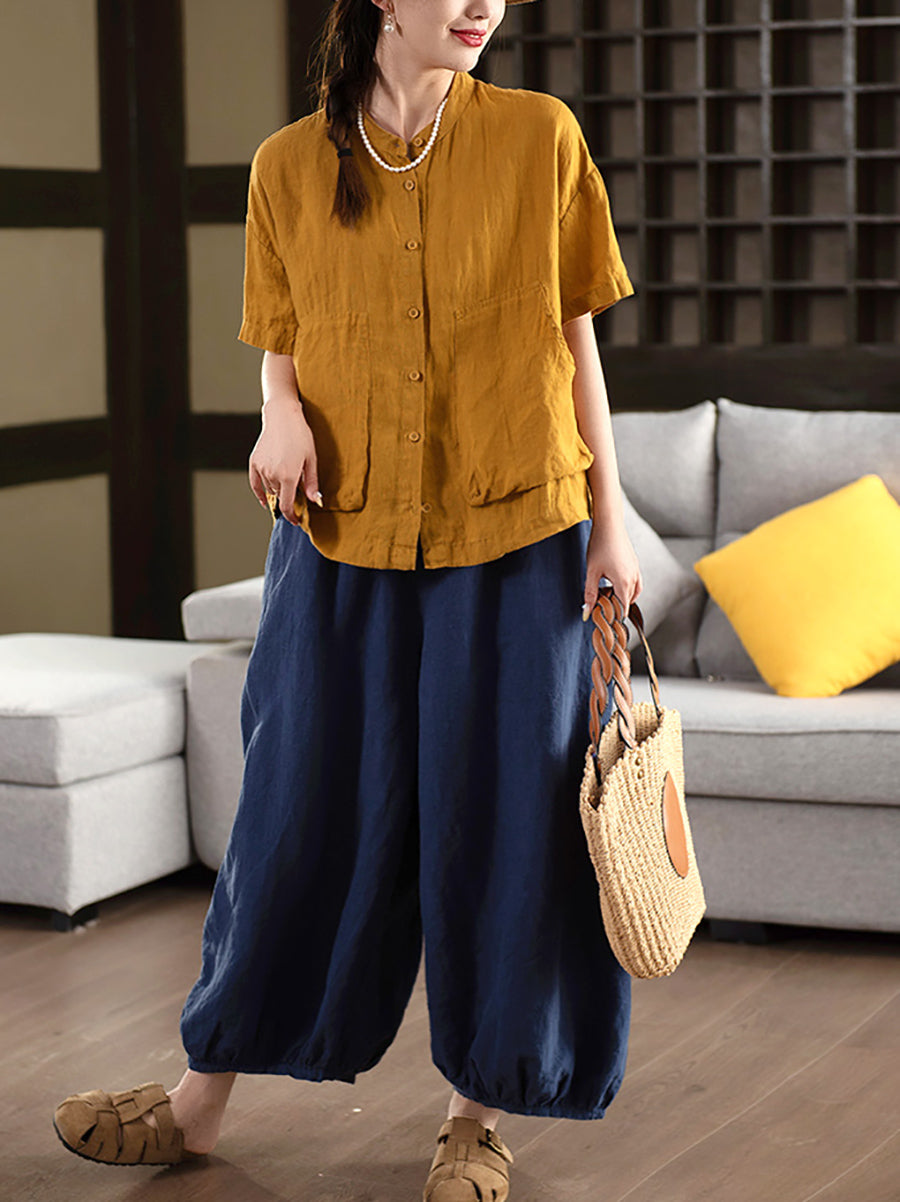 Women Summer Pure Color Stand Collar 100%Linen Shirt