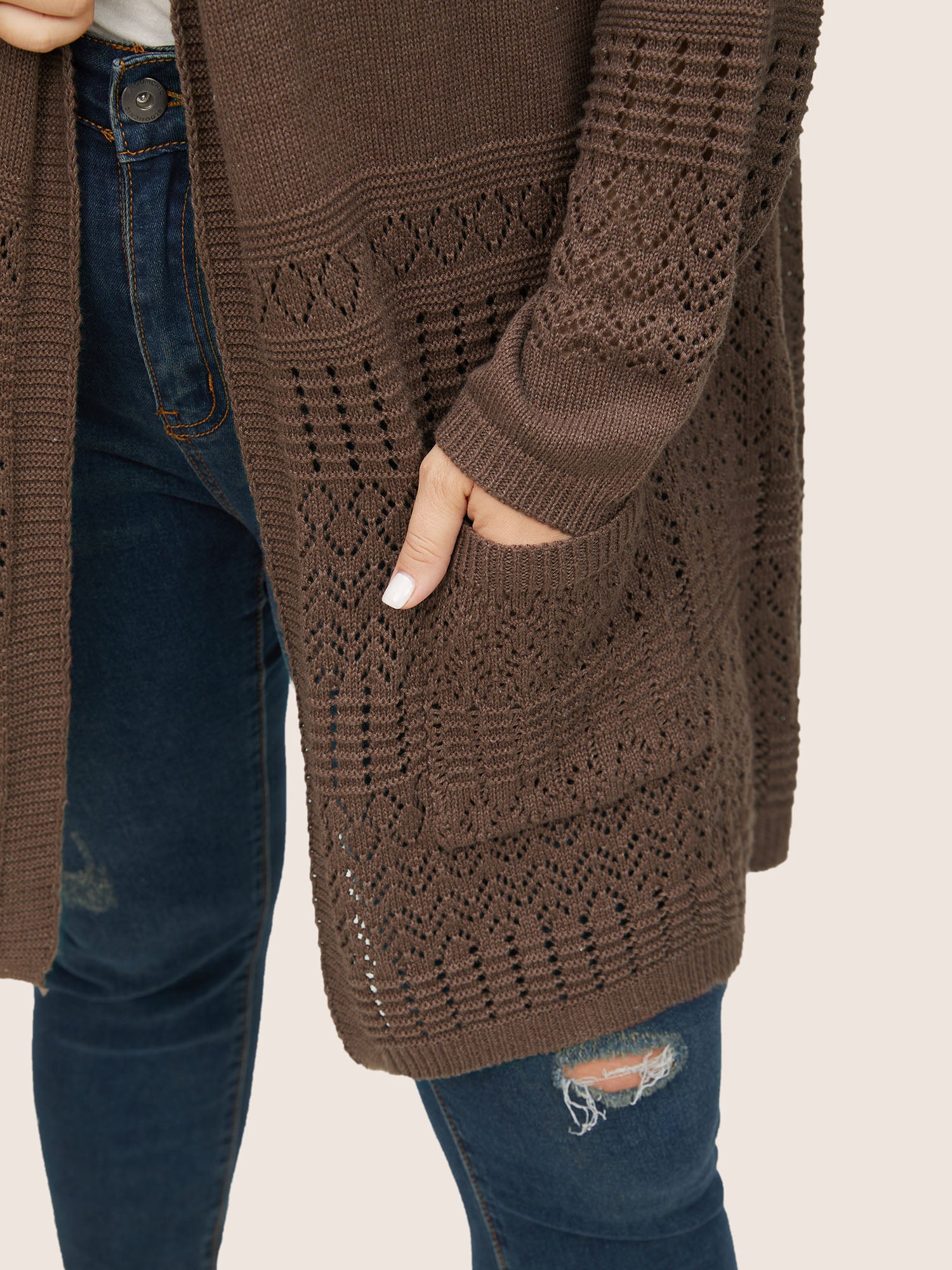 Solid Geometric Hollow Out Pocket Cardigan