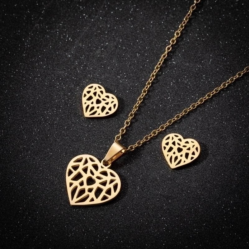 Fashion Heart Shape 201 Stainless Steel 18K Gold Plated Plating Earrings Necklace