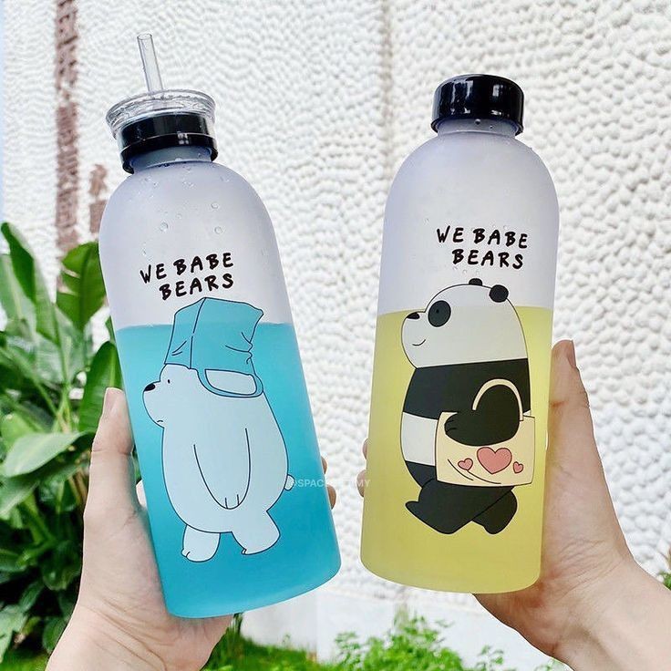 2IN1 DRINKING WE BABE BEARS FROSTED WATER BOTTLE WITH 2 CAPS & STRAW 1000ML