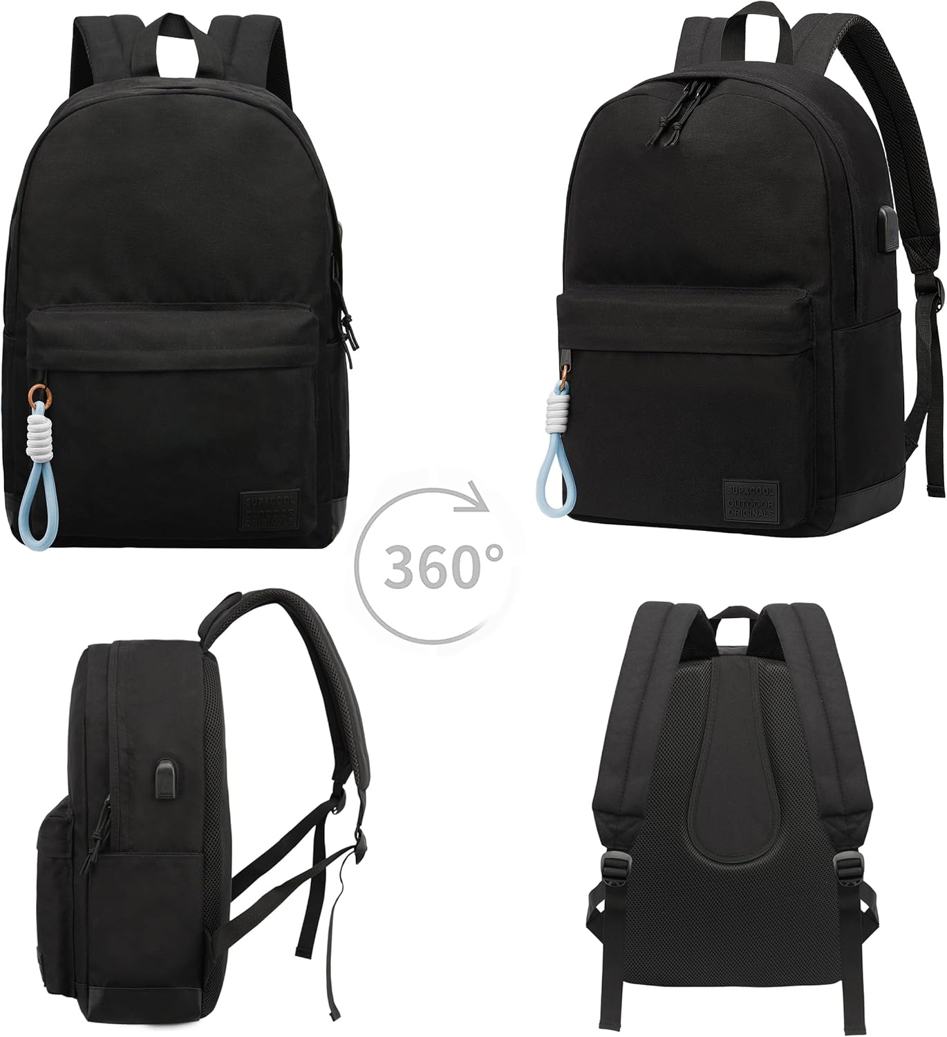 SUPACOOL Casual Laptop Backpack for Men and Women, School Backpack for Boys and Girls, College Bookbag, USB Charging Port, Lightweight Back Pack(Black)