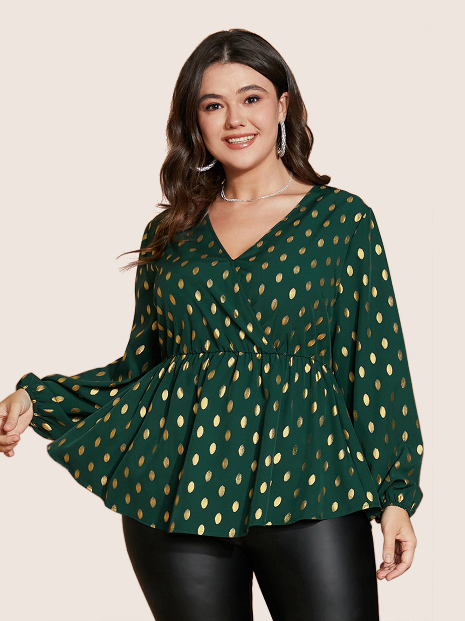 Polka Dot Lantern Sleeve Wrap Ruffle Blouse