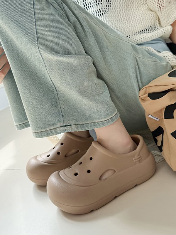 Hollow Round Cut Solid Color Crocs Platform Shoes Sandals