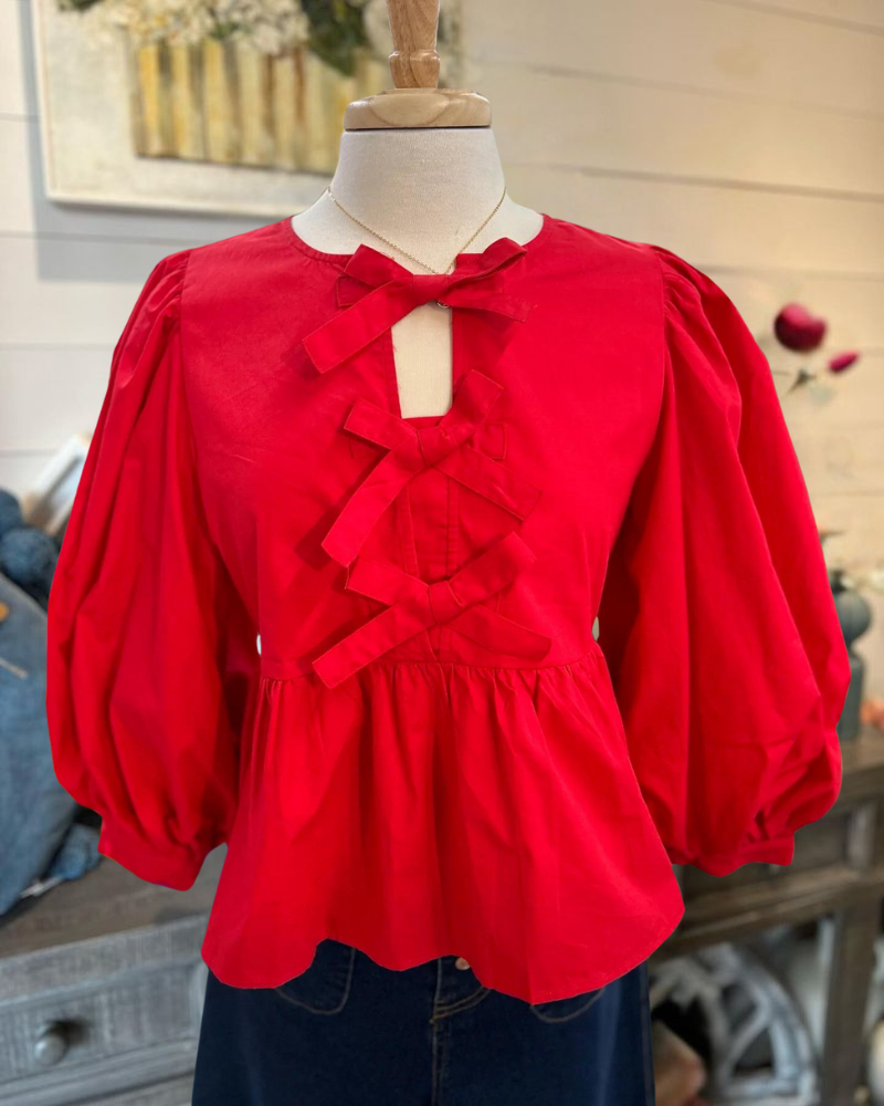 Puff Sleeve Ruffle Bow Top