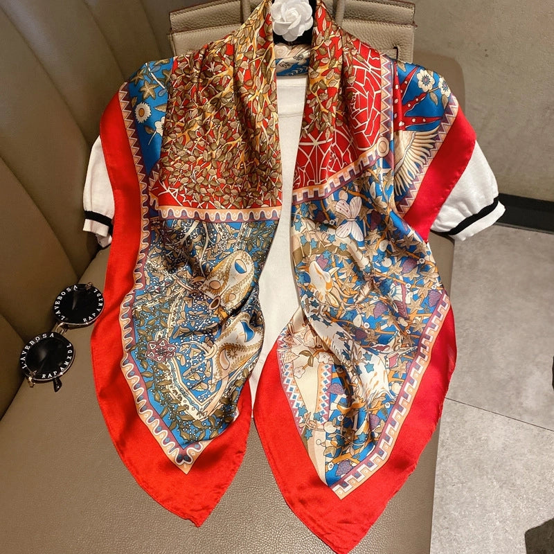 Women's IG Style Elegant Stripe Flower Chains Print Satin Printing Silk Scarf