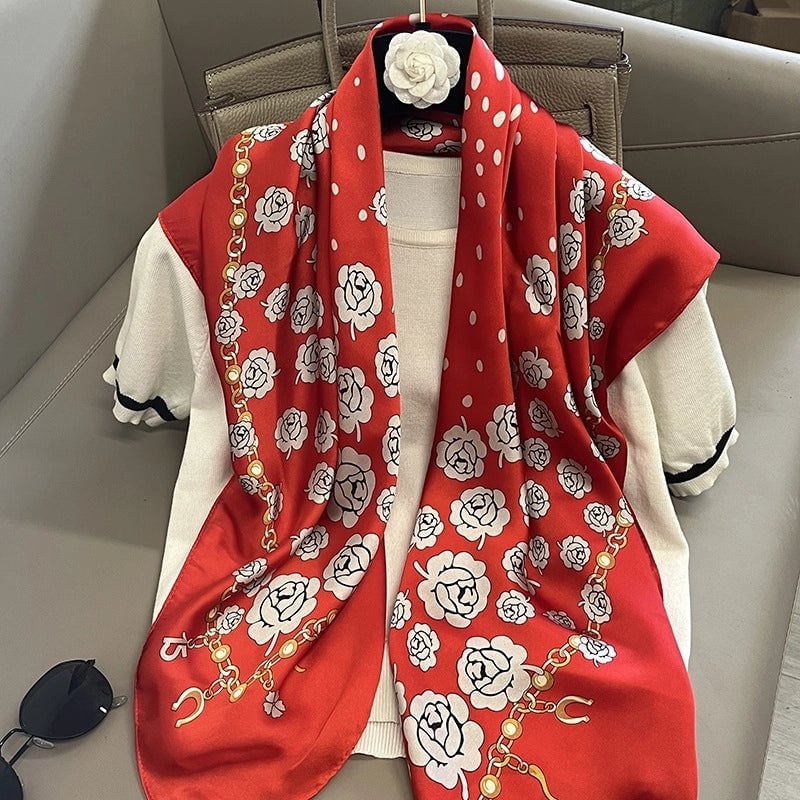 Women's Elegant Vacation Stripe Flower Polyester Silk Scarf