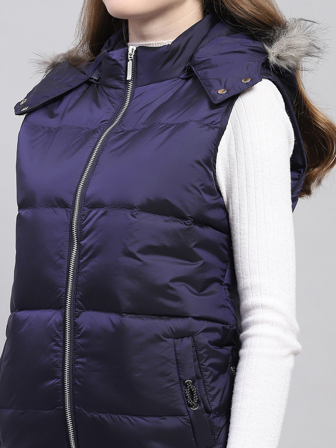 Women Blue Solid Detachable Hood Sleeveless Jacket