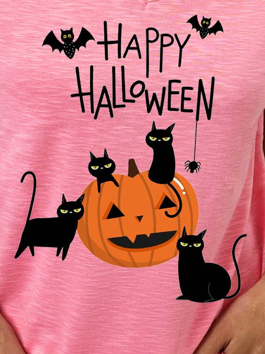 Women Pumpkin Light Halloween Black Cat Casual T-Shirt