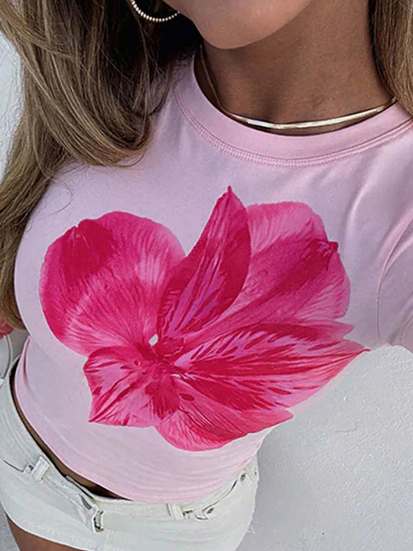 Short Sleeves Skinny Flower Print Round-Neck T-Shirts Tops