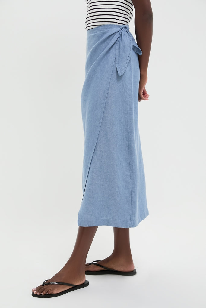 Channel Blue Delave Linen Tie Wrap Skirt