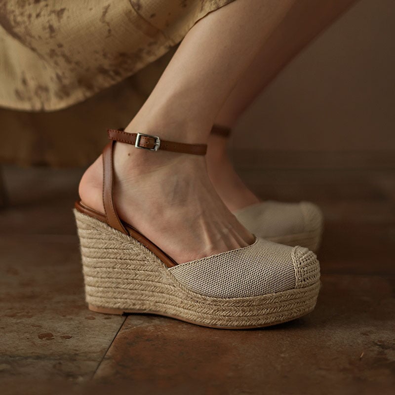 100mm Slingback Espadrille-Wedge Leather Sandals Ankle Strap in Apricot/Blue