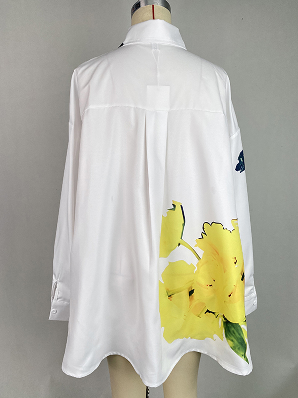 High-Low Long Sleeves Buttoned Flower Print Pockets Split-Side Stand Collar Blouses&Shirts Tops