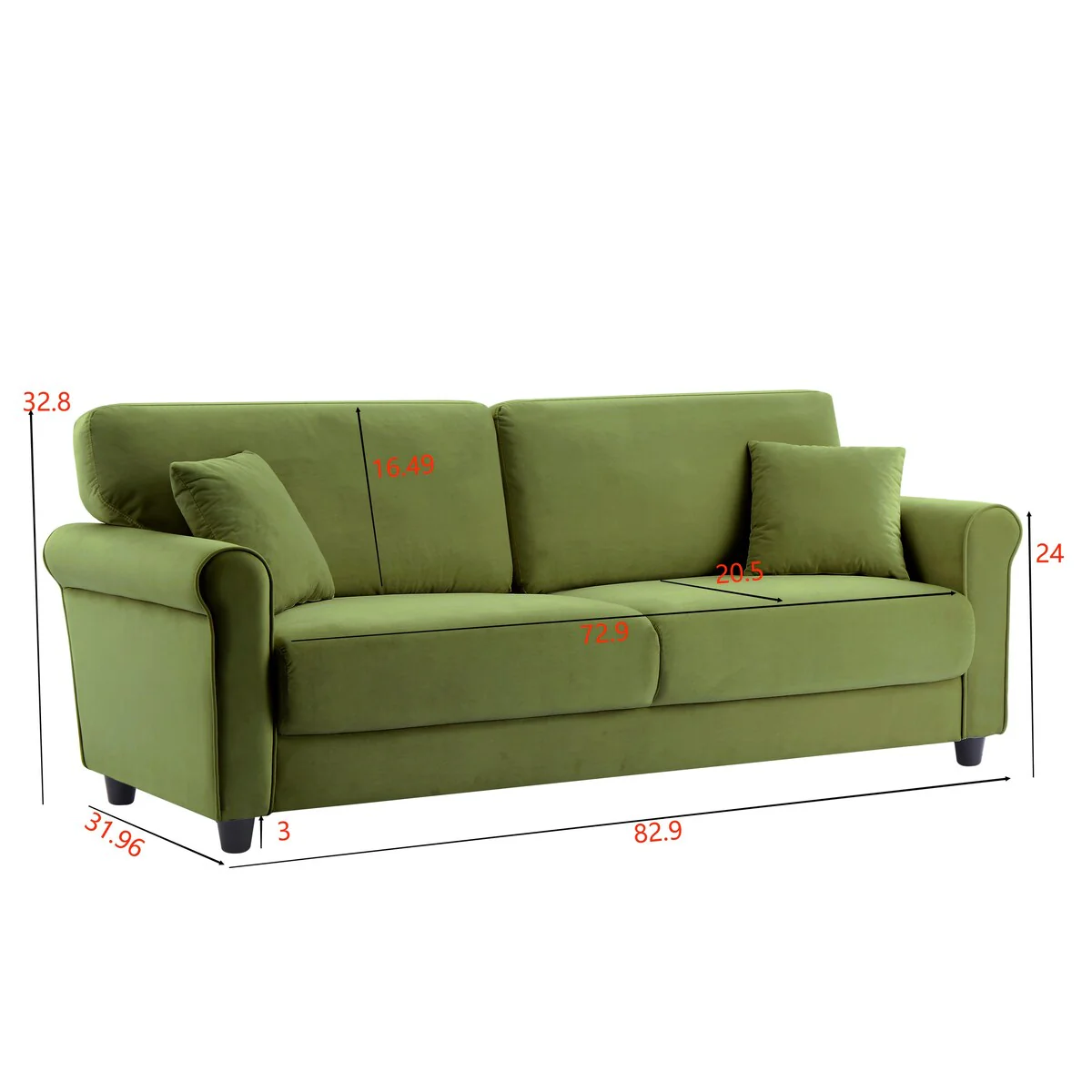 Classic Velvet Sofa Couch with Hardwood Frame, Upholstered Couch, Rounded Arms