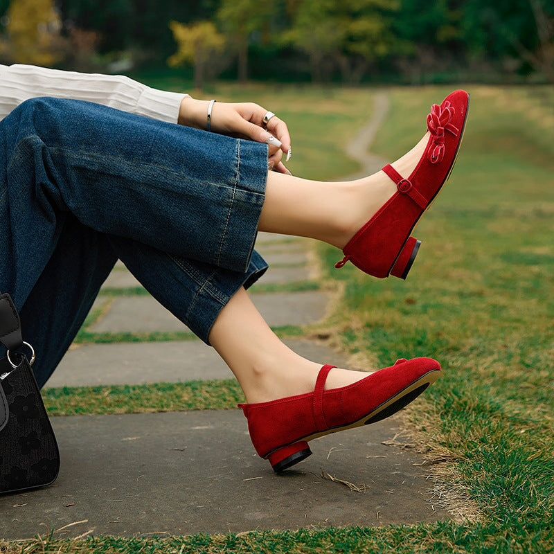 Round-Toe Sheepskin Mary Jane Flats with Bow Design Red/Black