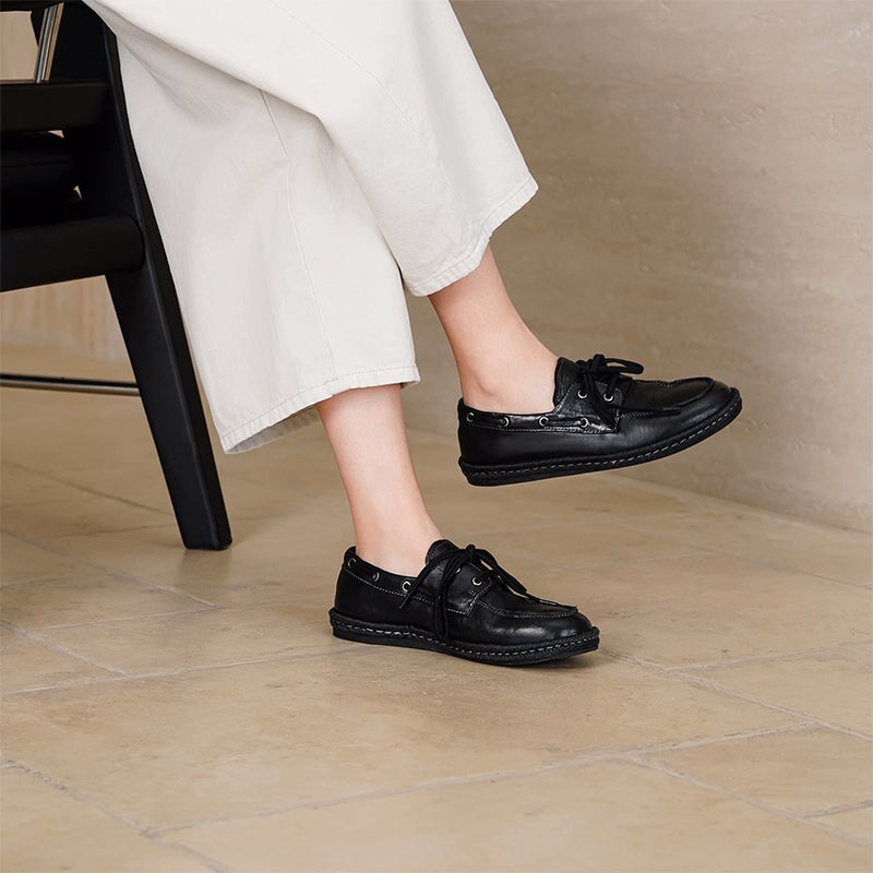 Vintage Washed Horse Leather Boat Shoes Handcrafted Casual Loafers for Women in Black/Pumpkin