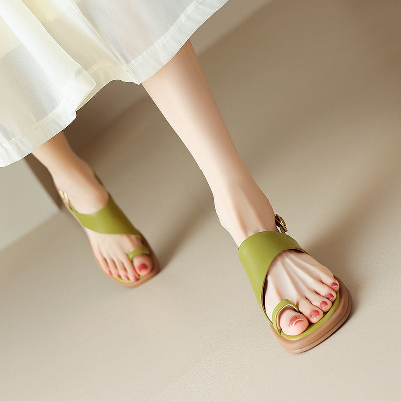 Fashion Cow Leather Toe Ring Roman Sandals with Cylinder Heel in Green/Butter Yellow