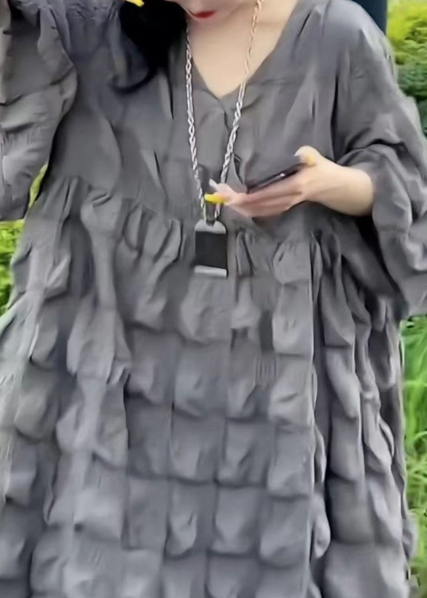 Loose Grey V Neck Original Design Cotton Dress Flare Sleeve Spring