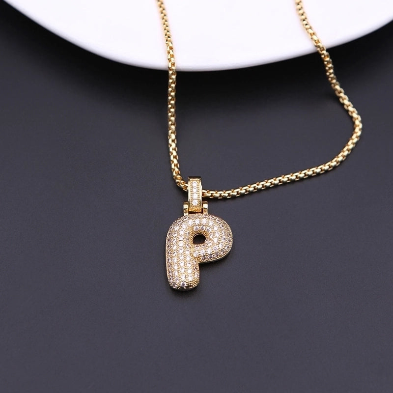 Copper Minimalist Shiny Plating Hollow Out Inlay Letter Zircon Pendant Necklace