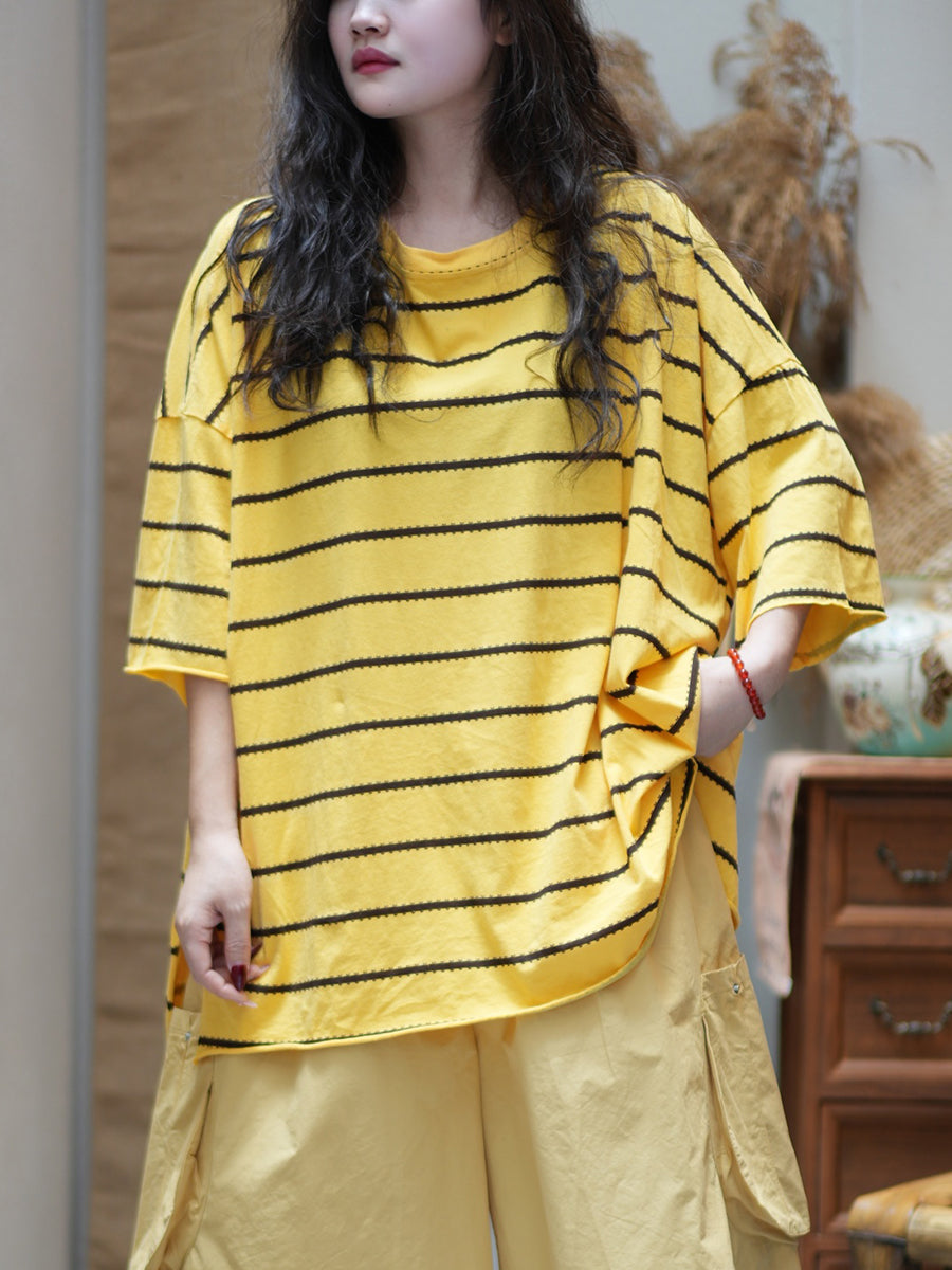 Women Summer Casual Stripe Cotton O-Neck Shirt