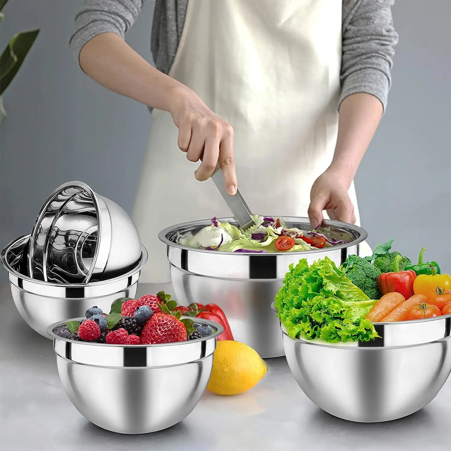 5-PIECE STAINLESS STEEL MIXING BOWLS SET WITH AIRTIGHT LIDS NESTING SALAD BOWLS