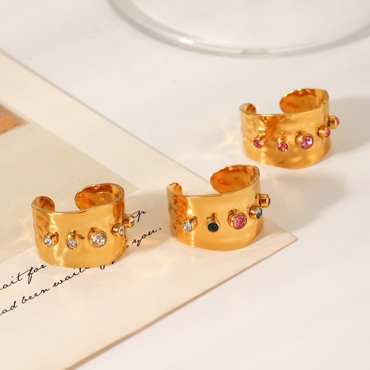 Ins Style Colored Zircon Ring Titanium Steel Open Ring 18K Gold-Plated Stainless Steel Ring Jewelry