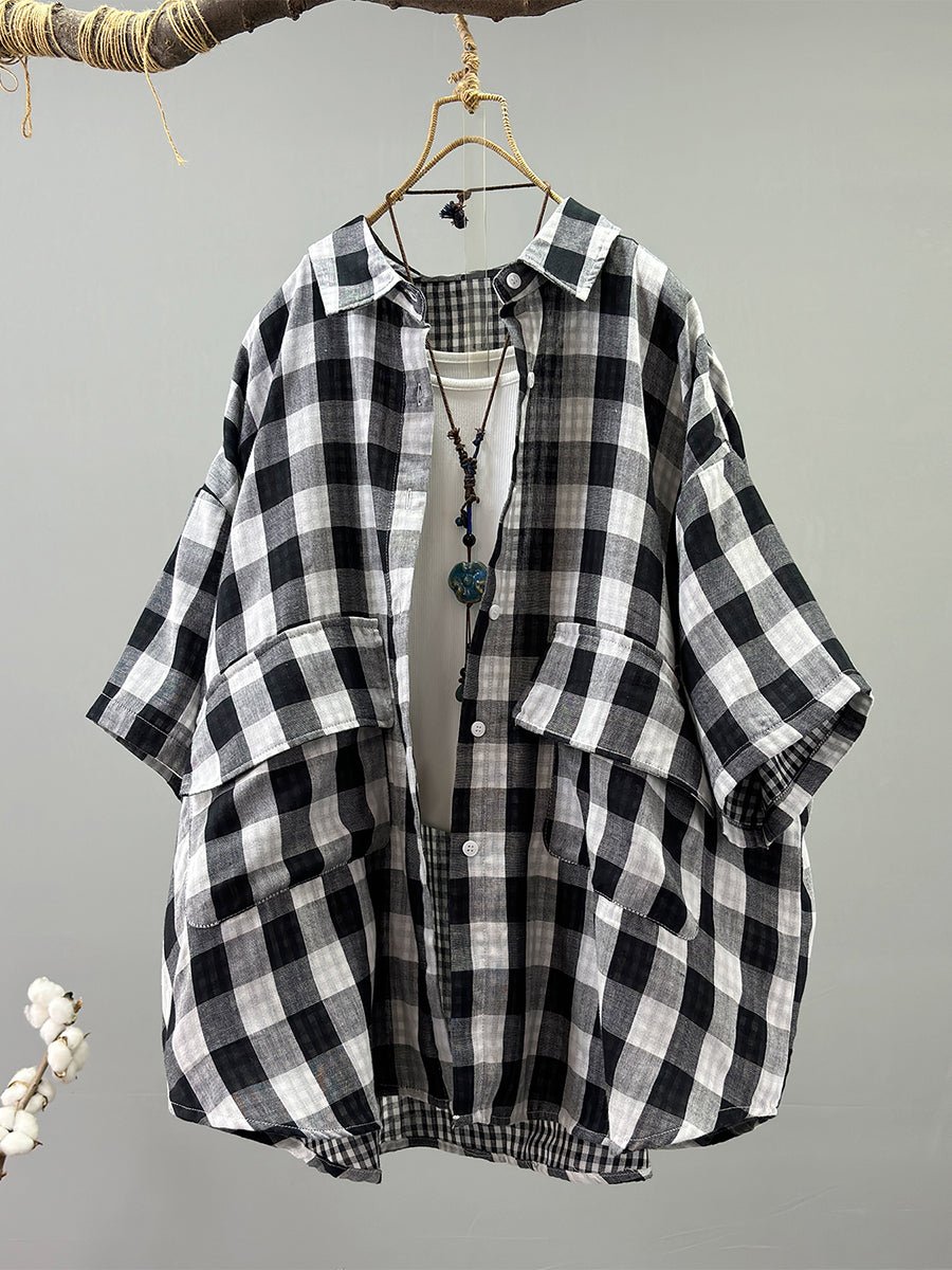 Women Summer Casual 100%Cotton Plaid Turn-down Collar Shirt