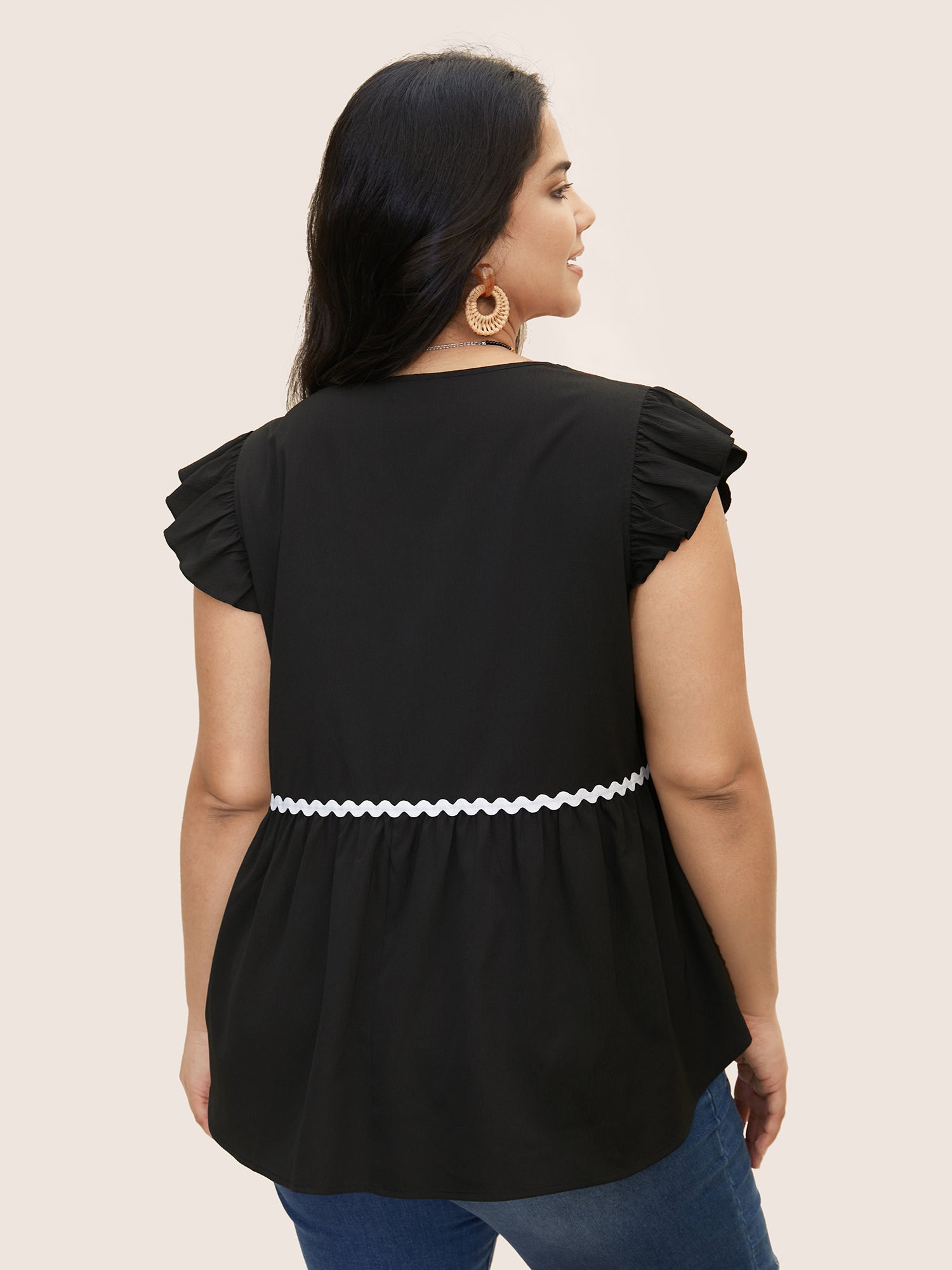 Contrast Webbing Ruffle Cap Sleeve Blouse