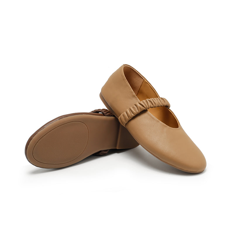 Casual Soft Sheepskin Mary Jane Flats with Elastic Strap in Khaki/Deep Brown/White/Black