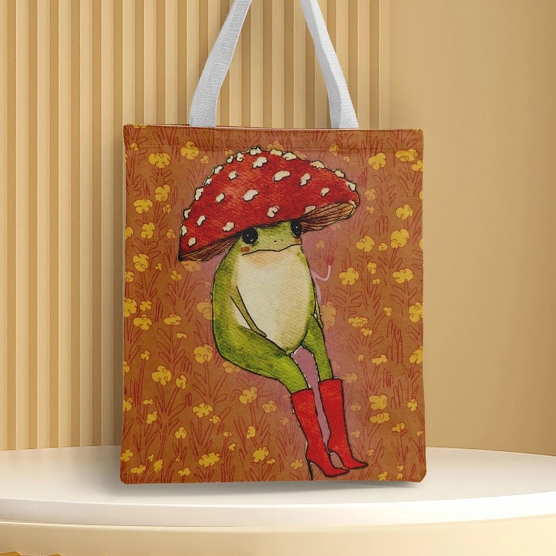 Women's Canvas Cartoon Frog Basic Classic Style Square Open Canvas Bag