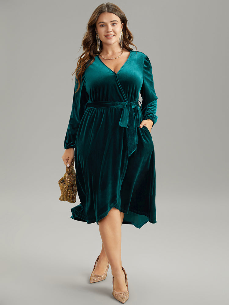 Solid Velvet Belted Wrap Arc Hem Dress