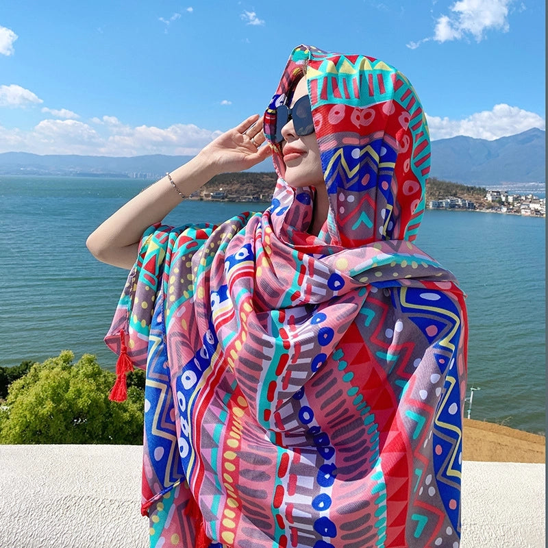 Silk Scarf Women's Summer Seaside Beach Sunscreen Shawl Scarf Dual-use  Long Ethnic Style Plus Size Travel Silk Scarf