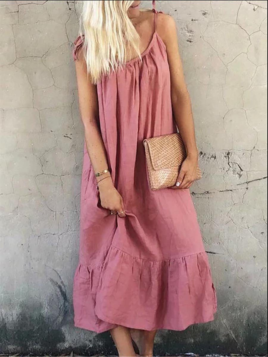 Cotton Linen Halter Solid Color Ruffle Dress