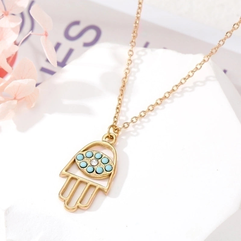 2 Pieces Ethnic Style Devil'S Eye  Heart Shape Stainless Steel Turquoise Rhinestones Inlay Pendant Necklace