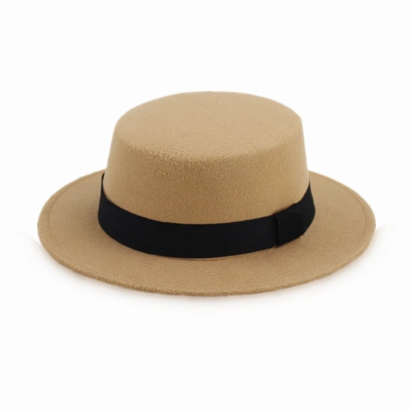 Hat Women's  Woolen Top Hat Autumn And Winter Black Vintage Gentleman  Flat Top Bow Top Hat Felt Hat