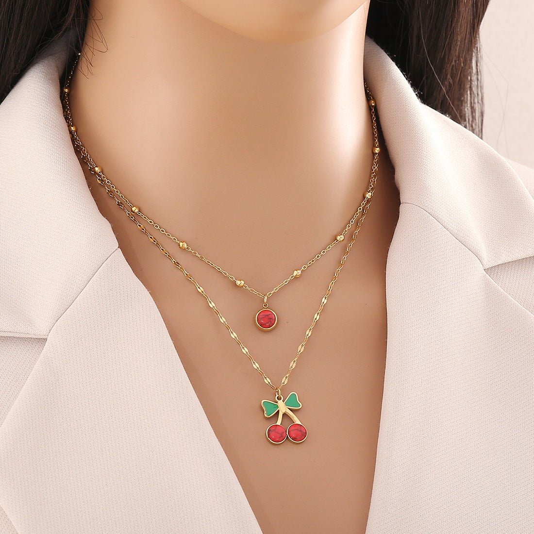 Cute Cherry Pendant Necklace Fashion Stainless Steel Double Chain