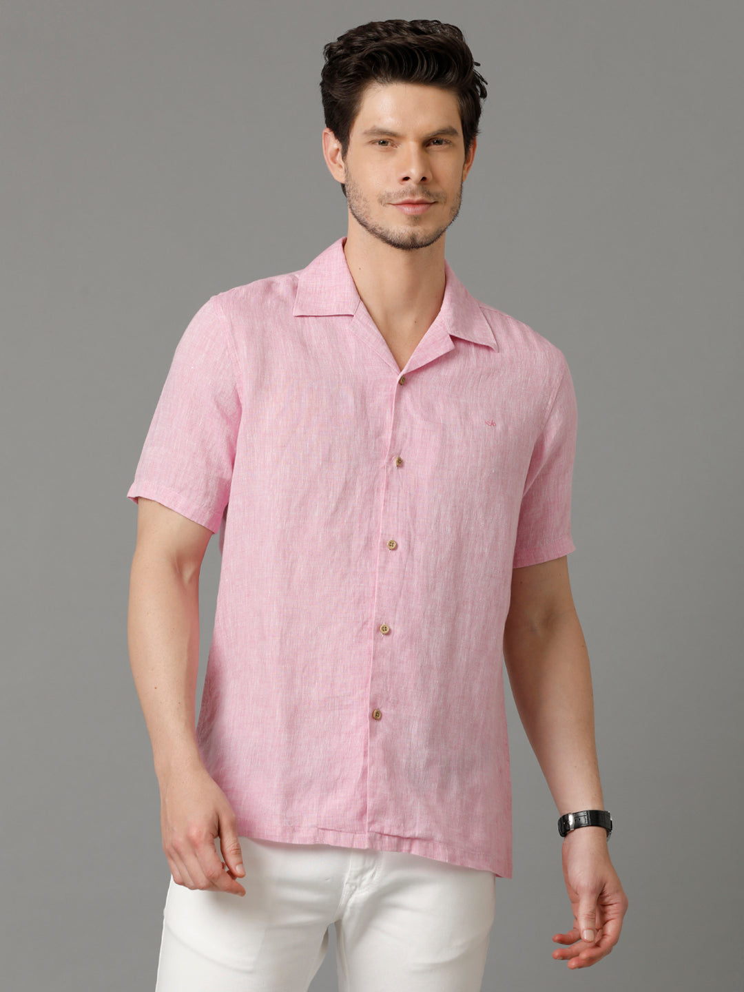 Mens Regular Fit Solid Pink Casual Linen Shirt (LUCA)