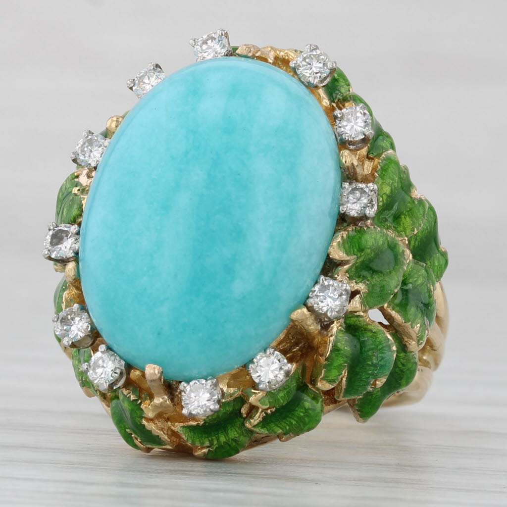 Vintage Amazonite Diamond Ring 18k Yellow Gold Size 6.75 Jack Gutschneider