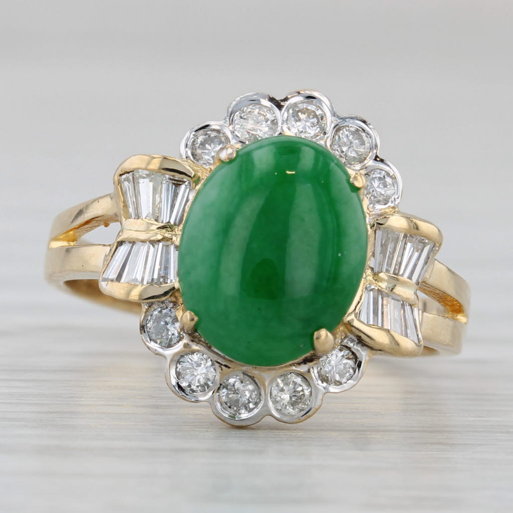 Green Jadeite Jade 0.41ctw Diamond Halo Ring 18k Yellow Gold Size 7