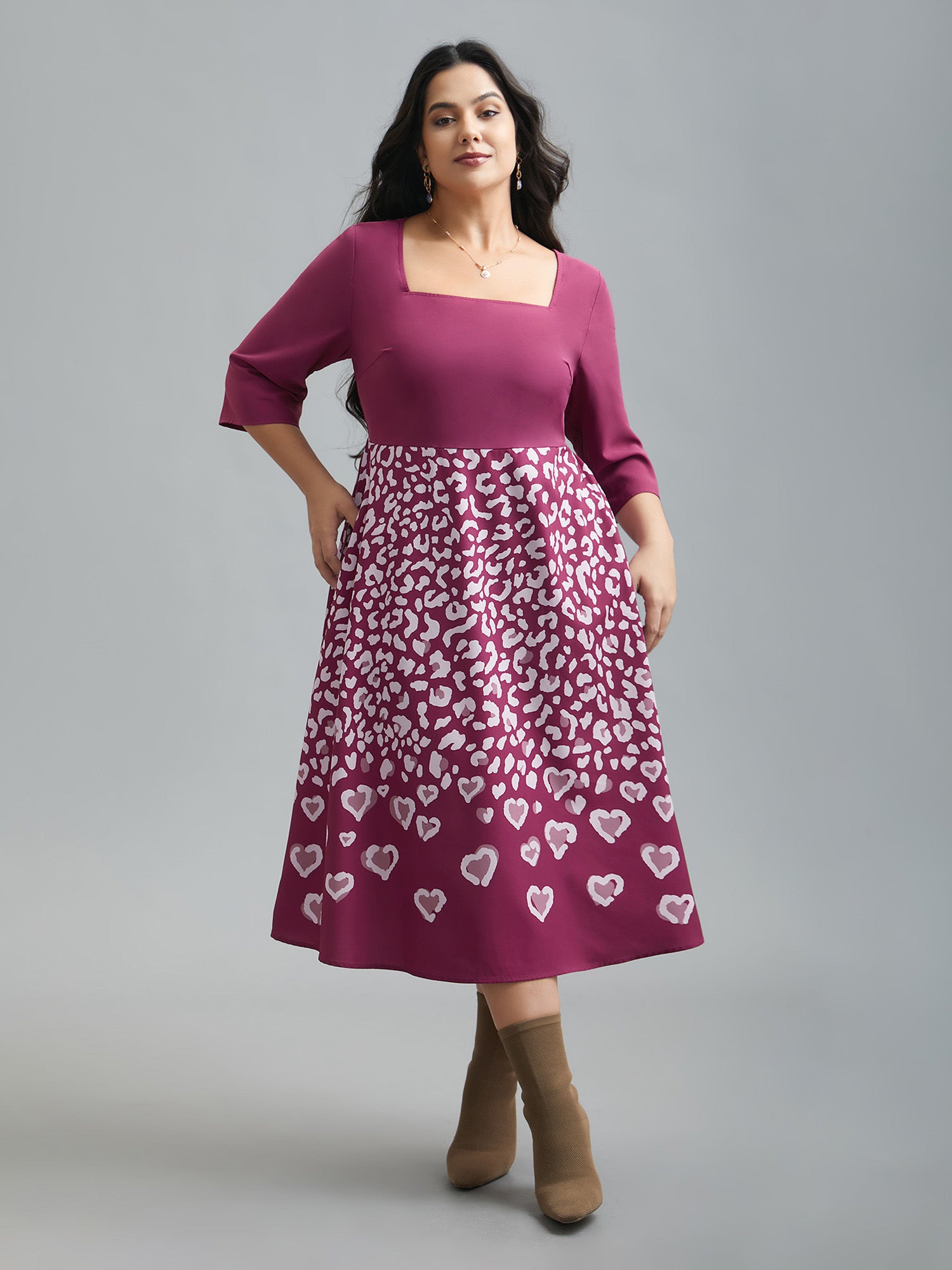 Square Neck Contrast Boho Print Midi Dress