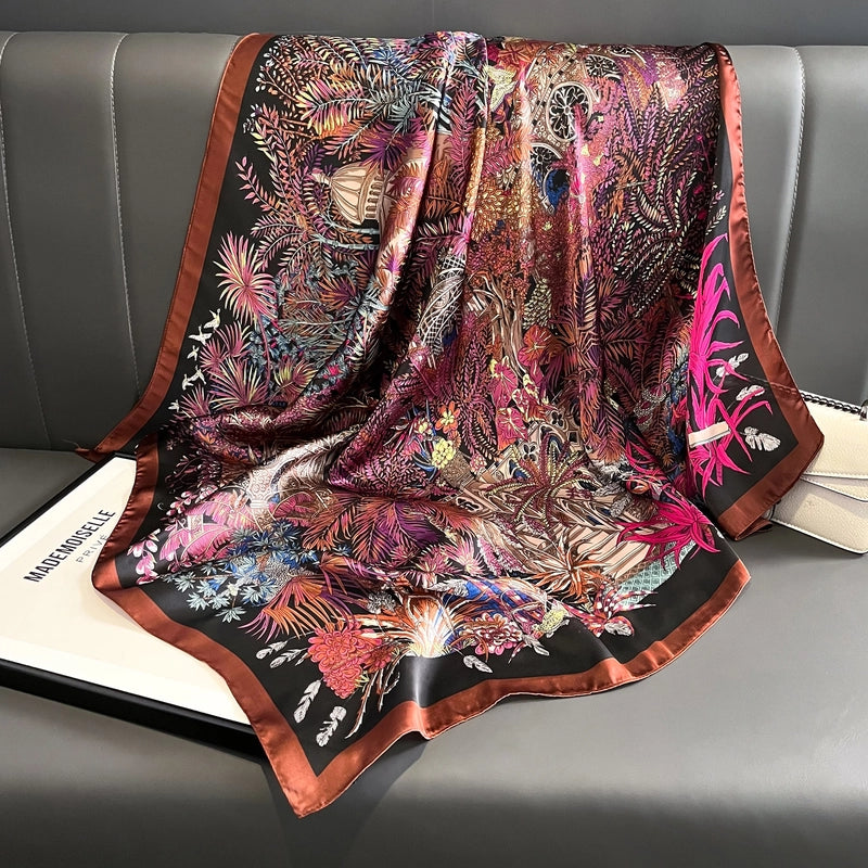 Women's Casual Plant Satin Printing Silk Scarf