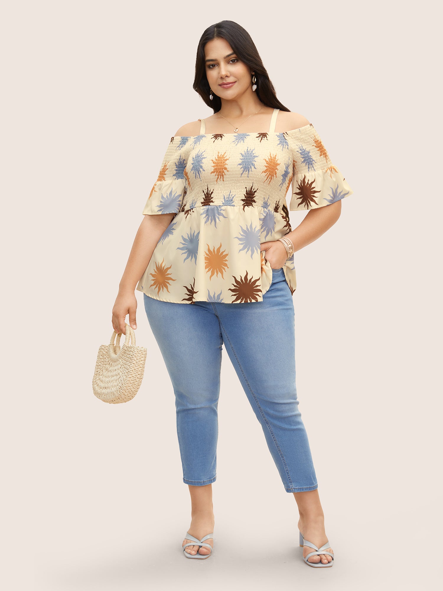 One Shoulder Sun Print Ruffle Sleeve Blouse