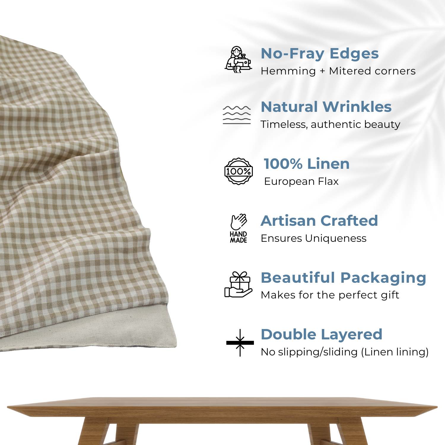 Natural Gingham Check 100% Linen Table Runner
