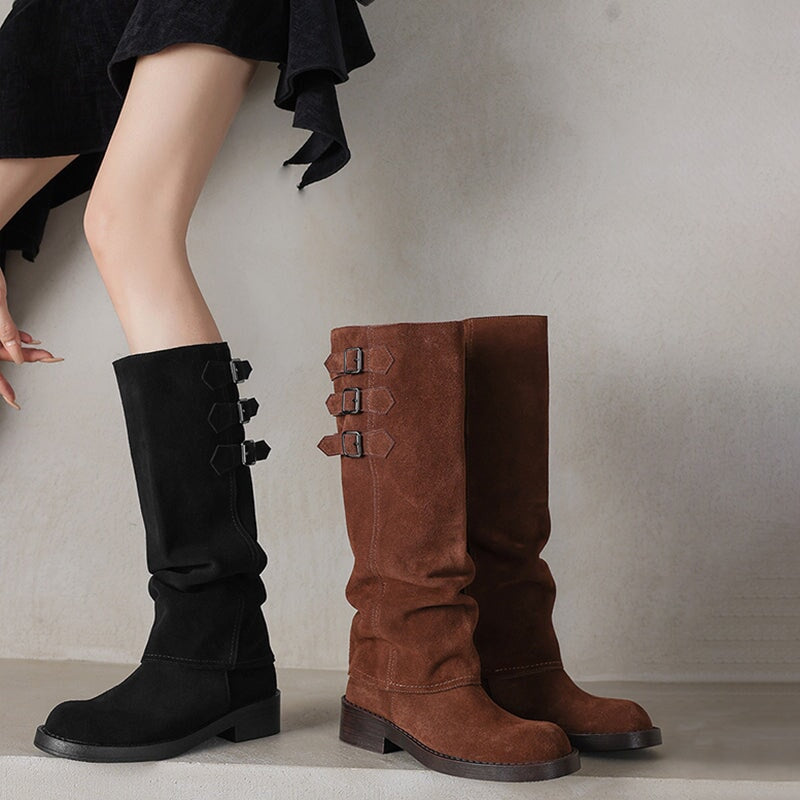 Women's Round-Toe Block Heel Knee High Boots & Short Ankle Boots In Black/Brown for Autumn