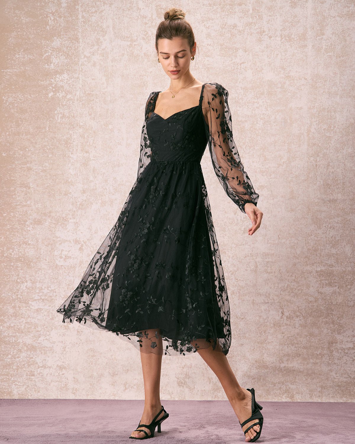 The Black Sweetheart Neck Mesh Midi Dress