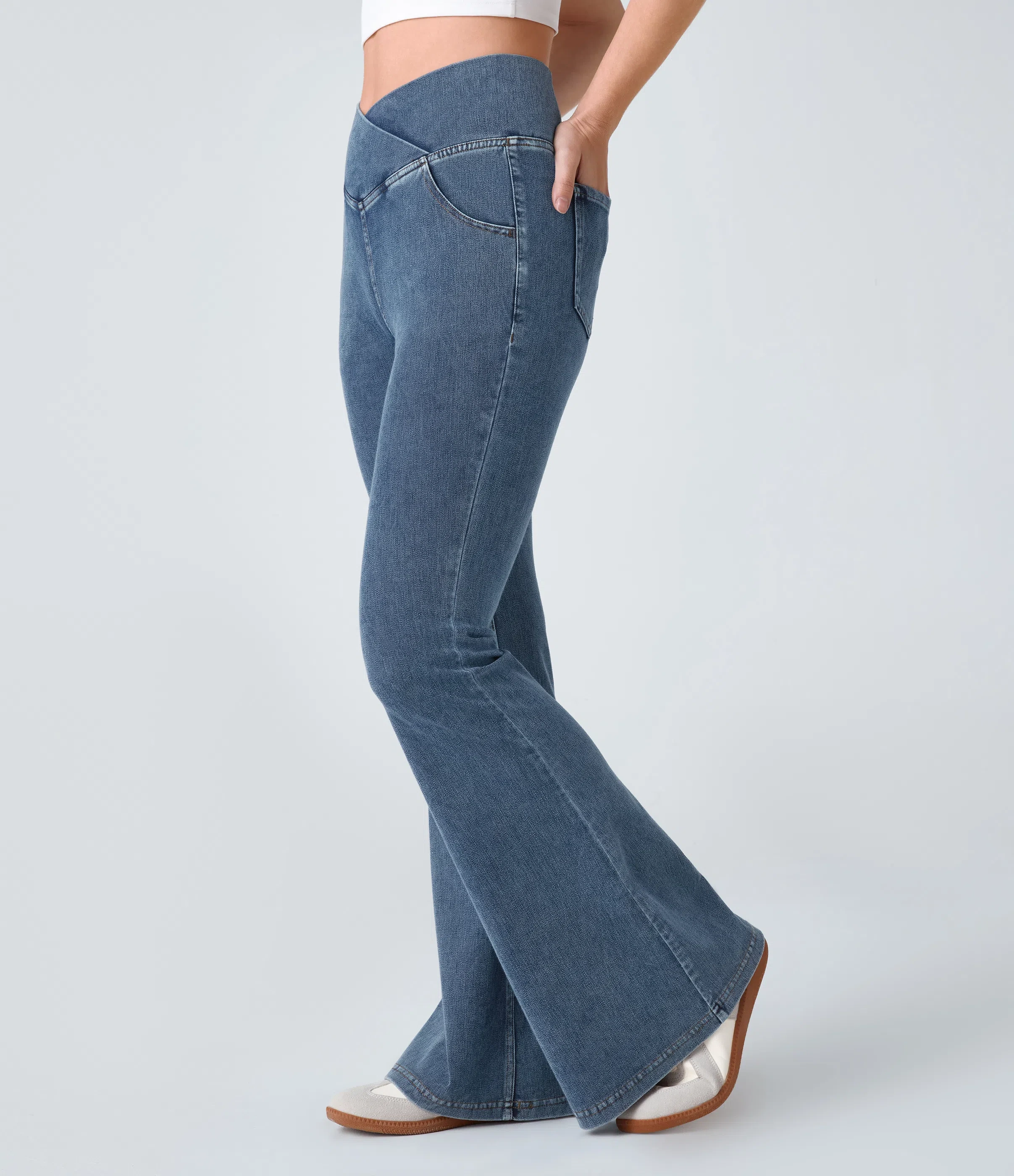 ⚡8 Packs for $25.95⚡- High Waisted Crossover Pocket Washed Stretchy Knit Casual Super Flare Jeans
