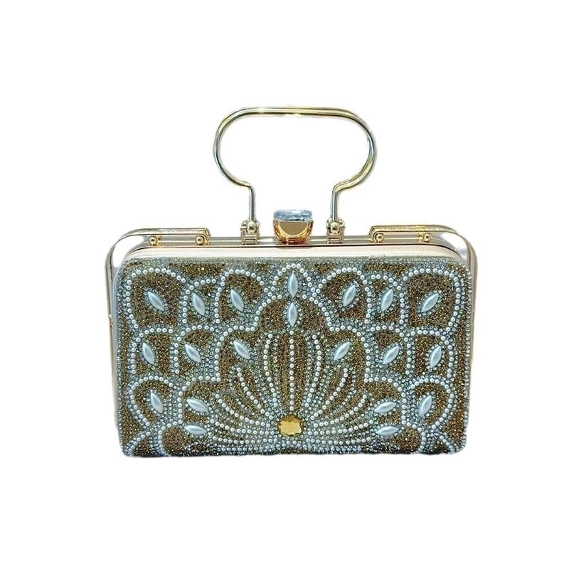 Gold Silver Black Pu Leather Solid Color Pearls Square Evening Bags