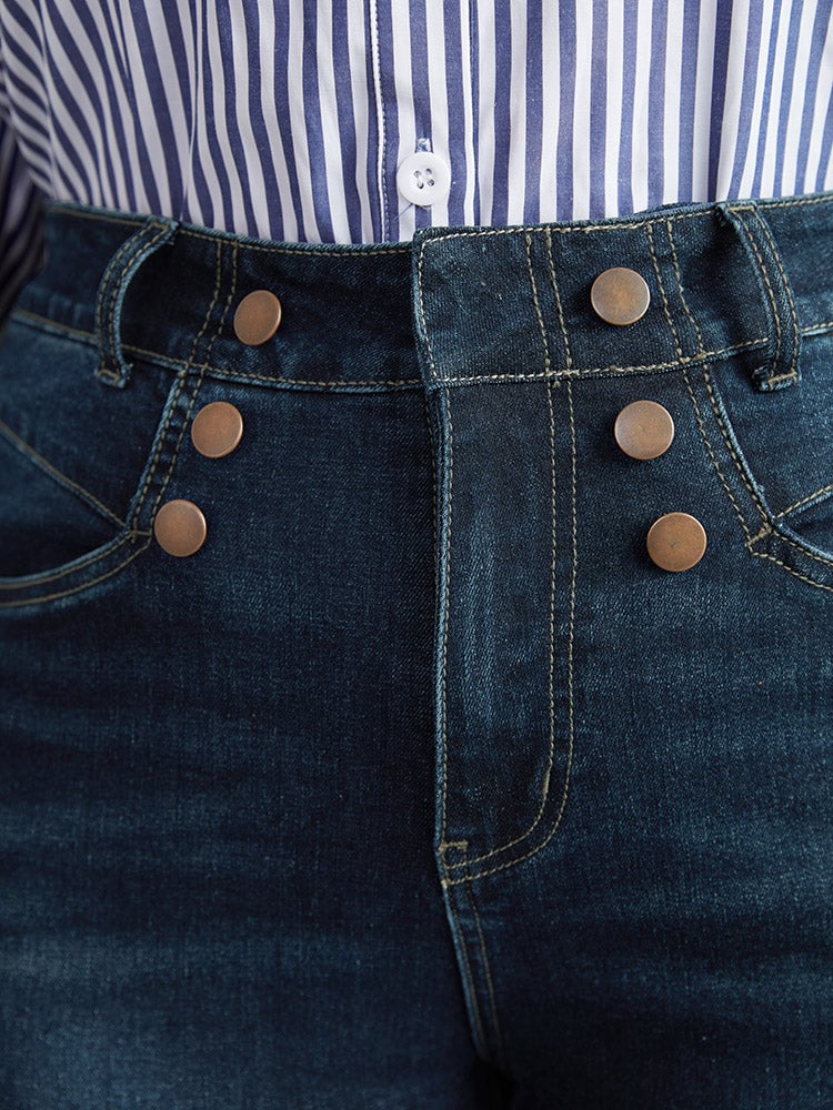 Flare Leg Button Detail High Rise Jeans