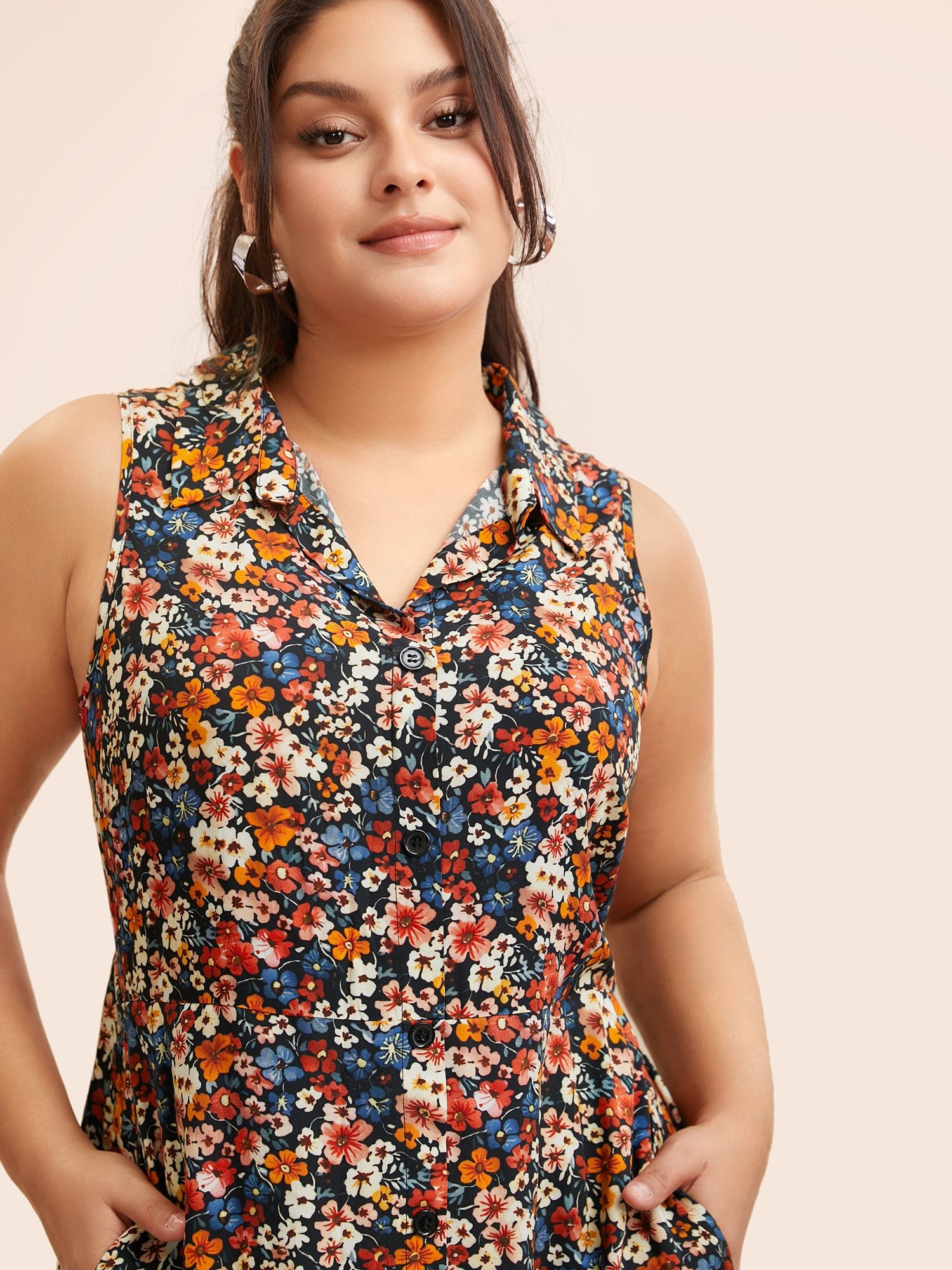 Shirt Collar Ditsy Floral Sleeveless Dress