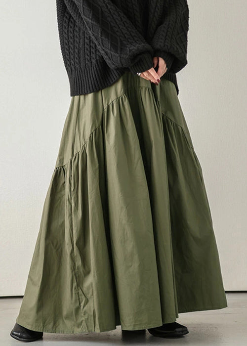 Loose Army Green Wrinkled Elastic Waist Cotton Skirt Spring
